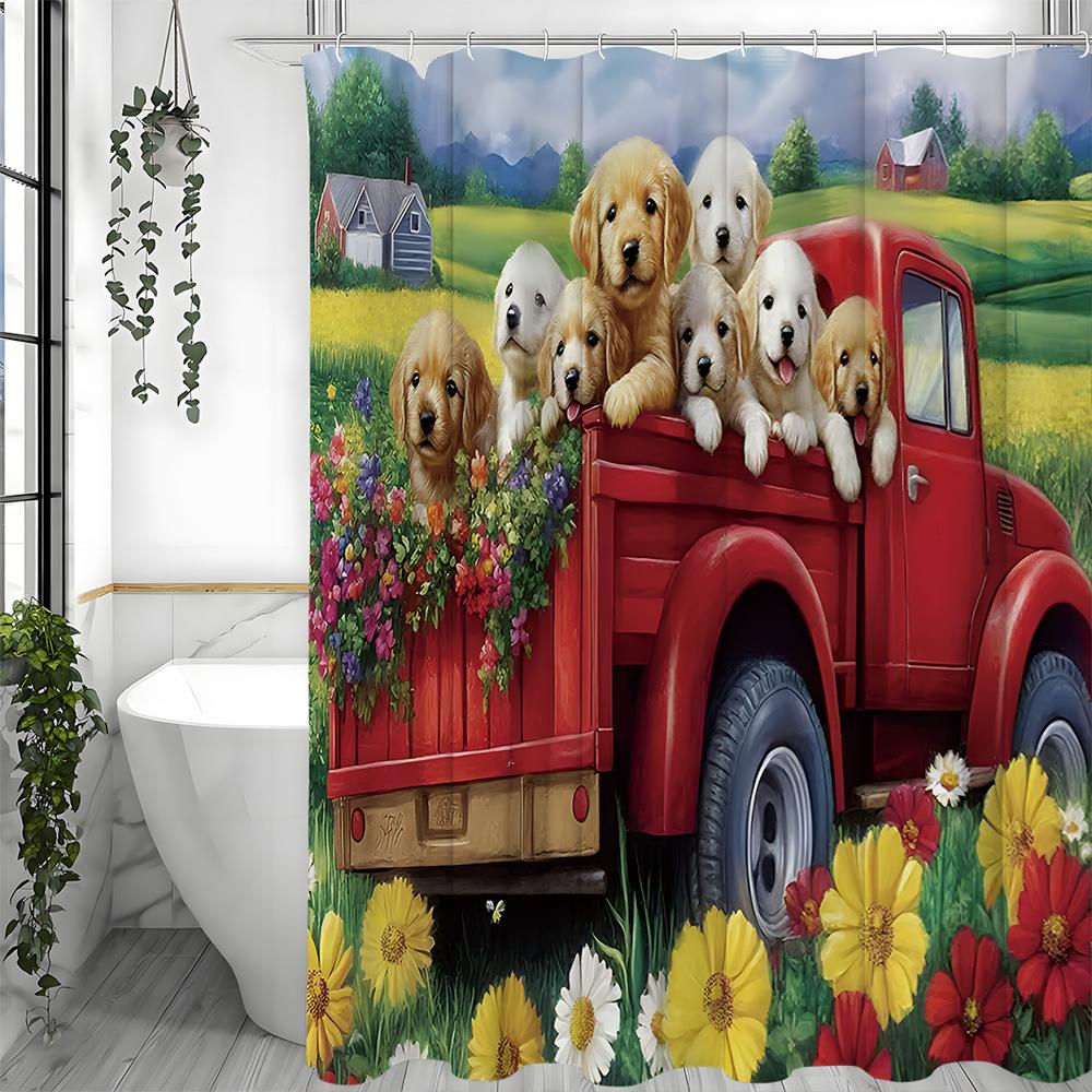 Spring Puppy, Car, Floral, Shower Curtain, House, Spring Puppy Bathroom Shower Curtain, Waterproof Shower Curtain, Shower Curtai