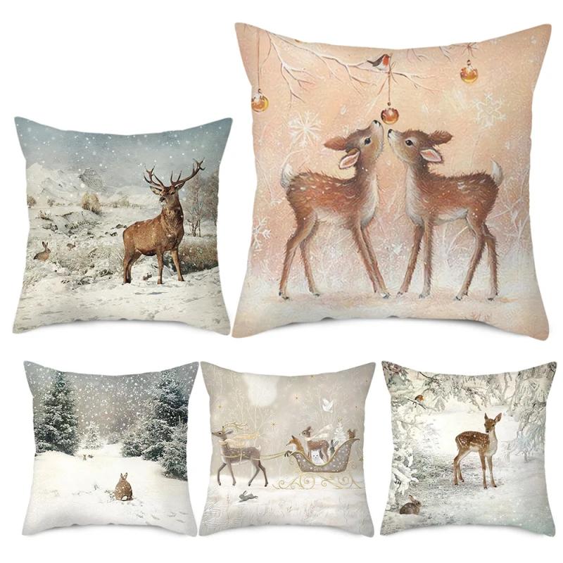 Home Decoration In The Snow Forest Elk Christmas Print Pillowcase Bedroom Living Room Sofa Decoration Pillowcase Cushion Cover