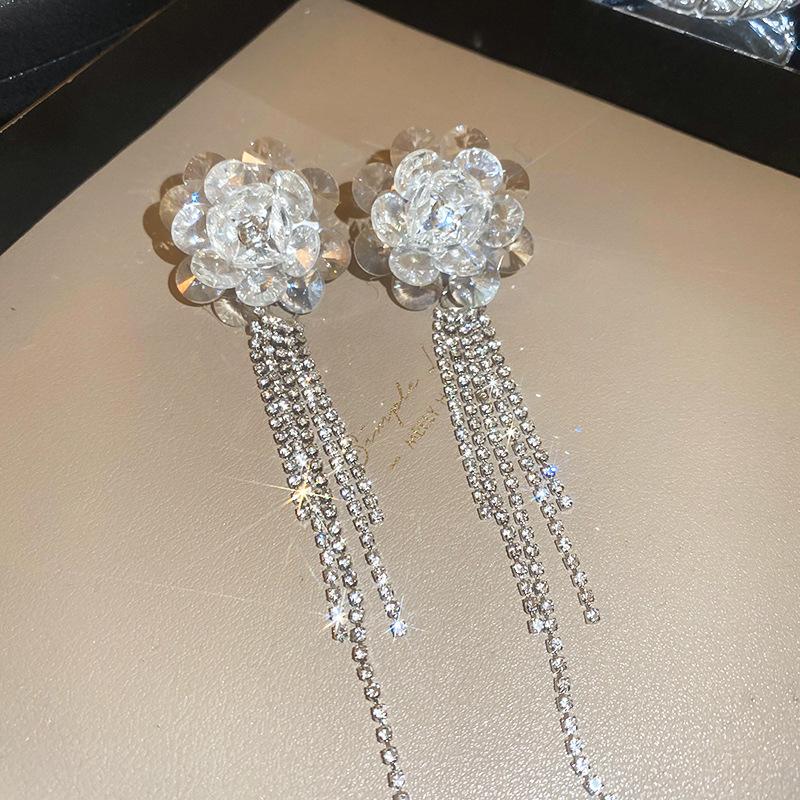 Elegant Crystal Flower Petal Rhinestone Tassel Earrings for Women