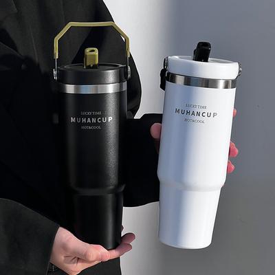 Tazza Termos Portatile in Acciaio Inossidabile ad Alta Capacità Livello di Aspetto Elevato Tazza Maneggevole Tazza d'Acqua con Cannuccia Tazza da Caffè per Auto per Ragazze