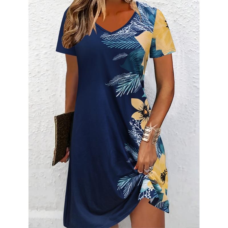 

WomenPrinted V-Neck Short-Sleeve T-Shirt Dress (Flower Leaf Print) XL