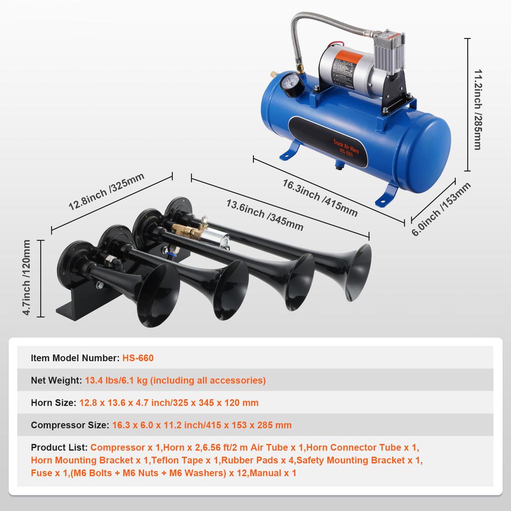 SucceBuy Train Horns Kit 4 Trumpet Air Horn Kit 150dB Train Horns 12V Air Compressor with 3/6/10L Tank, for Pickup Trucks Train