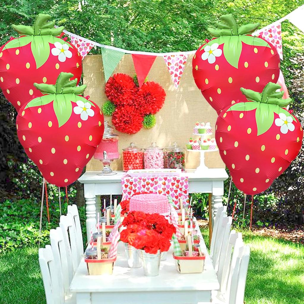 3pcs/6pcs Strawberry Aluminum Film Balloon Birthday Party Supply Summer Fruit Party Baby Girl Baptism Decoration Matte Balloons