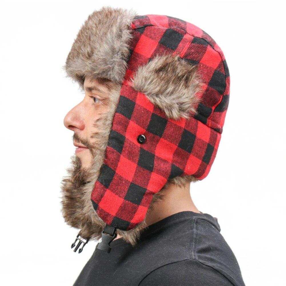 Plaid Trapper Hats   Bomber Fur Hats for  Skiing Snowboarding Skating