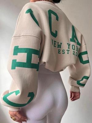 Women Grunge Loose Pullover Sweatshirts Back Letter Print Casual Thickened Long Sleeve Tops Autumn Streetwear