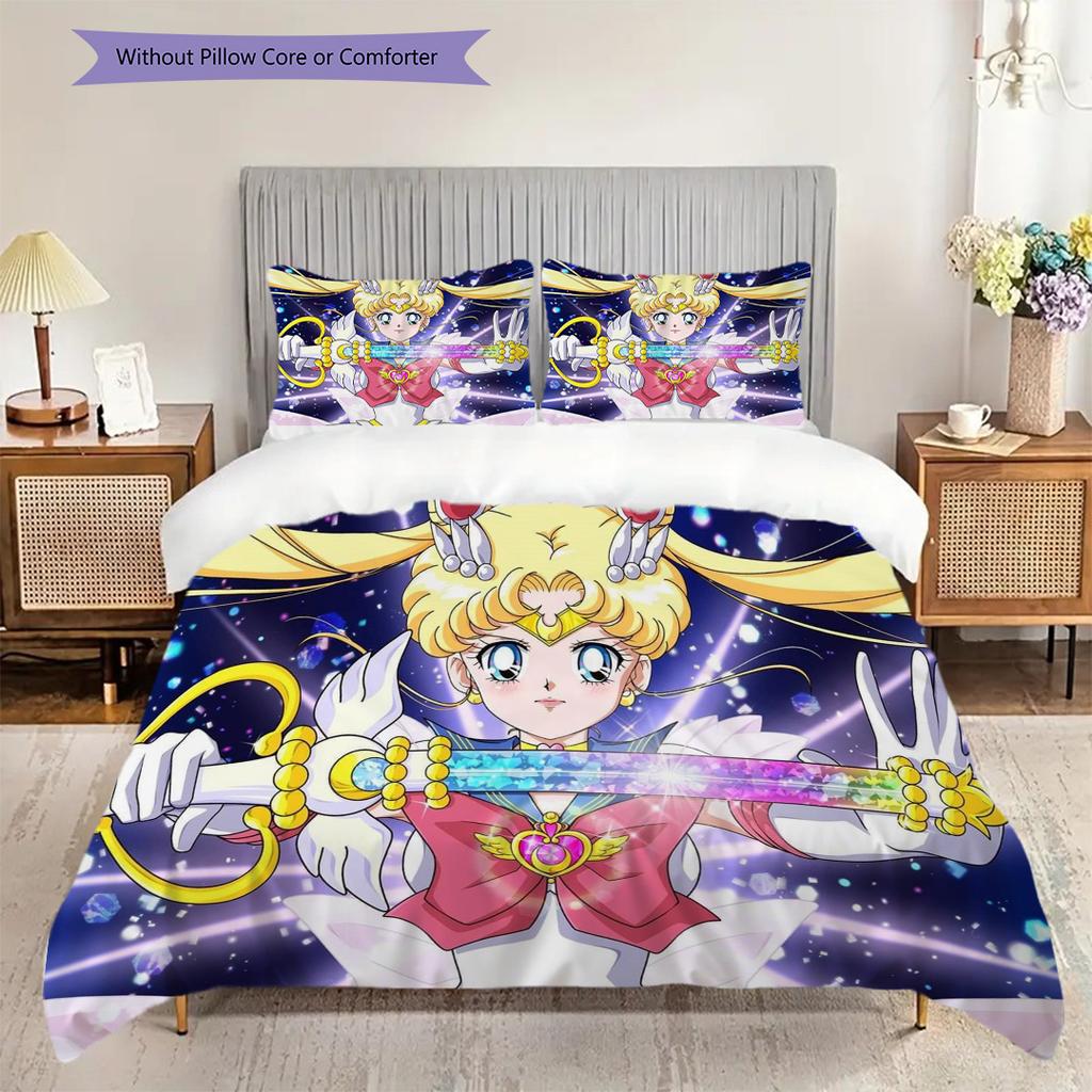 Süßes Cartoon-Thema Sailor Moon Tsukino Usagi Cartoon bequemer Heim-Bettbezug und Kissenbezug (1 * Bettbezug + 2 * Kissenbezug, ohne Füllung)A2