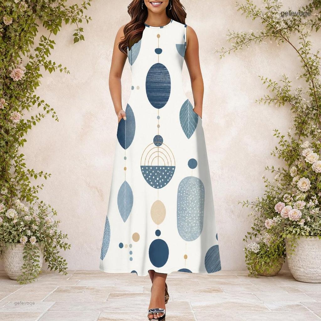 Women Plus Size Round Neck Sleeveless Geometric Printed A Line Long Dress With Side Pockets