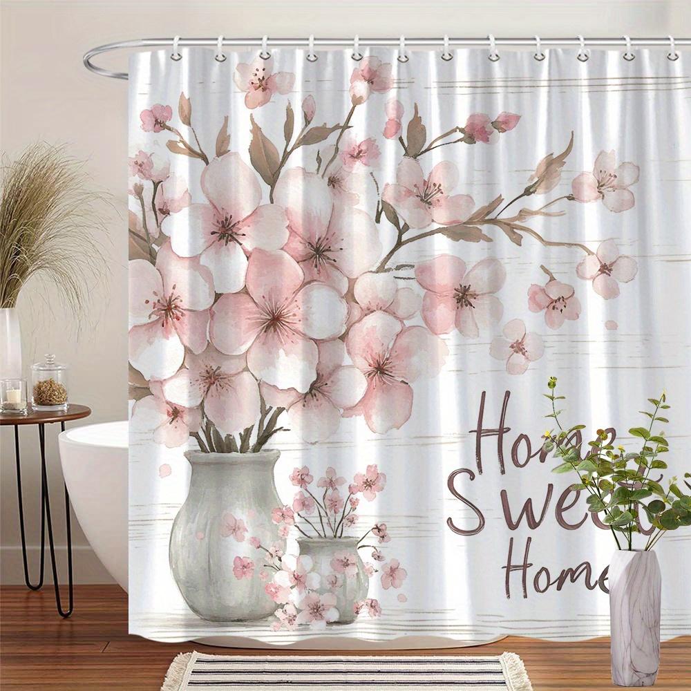 

Cherry Blossom Curtain - Home Sweet Home Text, Rustic Wood, Watercolor Style, 12 Hooks, Machine Washable, Bath Decor W60H190(CM)-1 Pcs