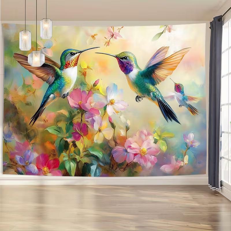 2D Hummingbird Floral Tapestry Wall Hanging Oil Painting Style Bird Flower Home Decor for Bedroom