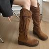 2025 Herbst Retro Stiefel Quasten Ritterstiefel Damen Dicke Ferse Aber Kniestiefel Schmale Plüschstiefel Hohe Stiefel Damen