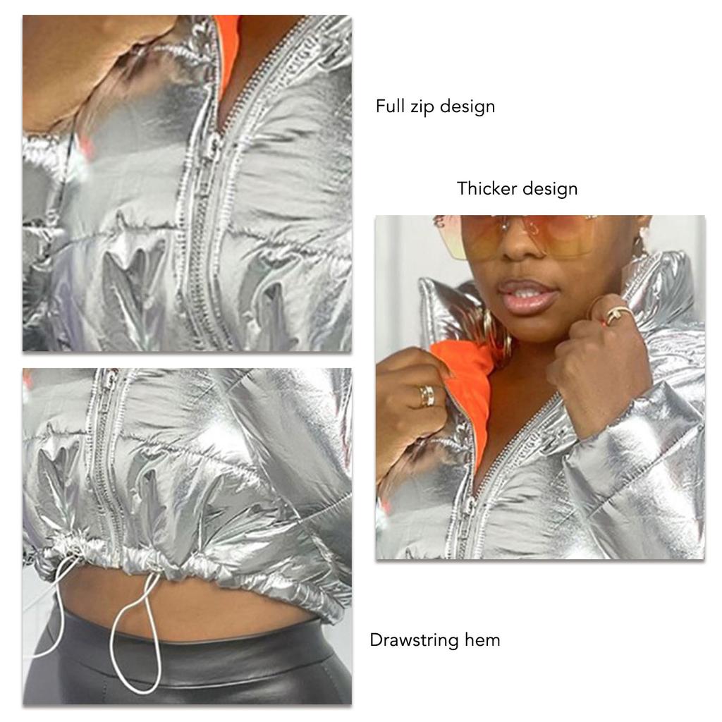 Women Padded Winter Coat Full Zip Loose Warm Thickened Drawstring Shiny Lightweight Puffy Jacket