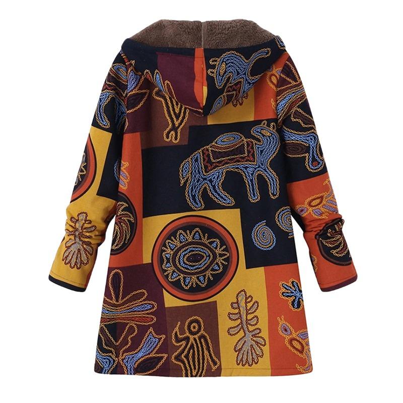 Kapuzenjacke aus Plüsch, Baumwolle, Vintage-Druck, Farbspleißen, Übergröße, Jacke für Damen, langärmelig, Reißverschluss, Mantel, locker, lässig, warm, bequem, Herbst/Winter