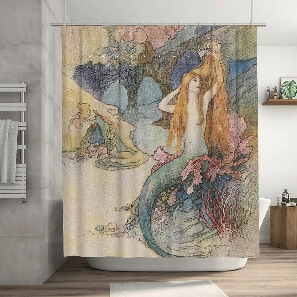 Vintage Red Flower Print Shower Curtain 3D Birds Bath Decoration Home Decor Waterproof Fabric Bathroom Accessories
