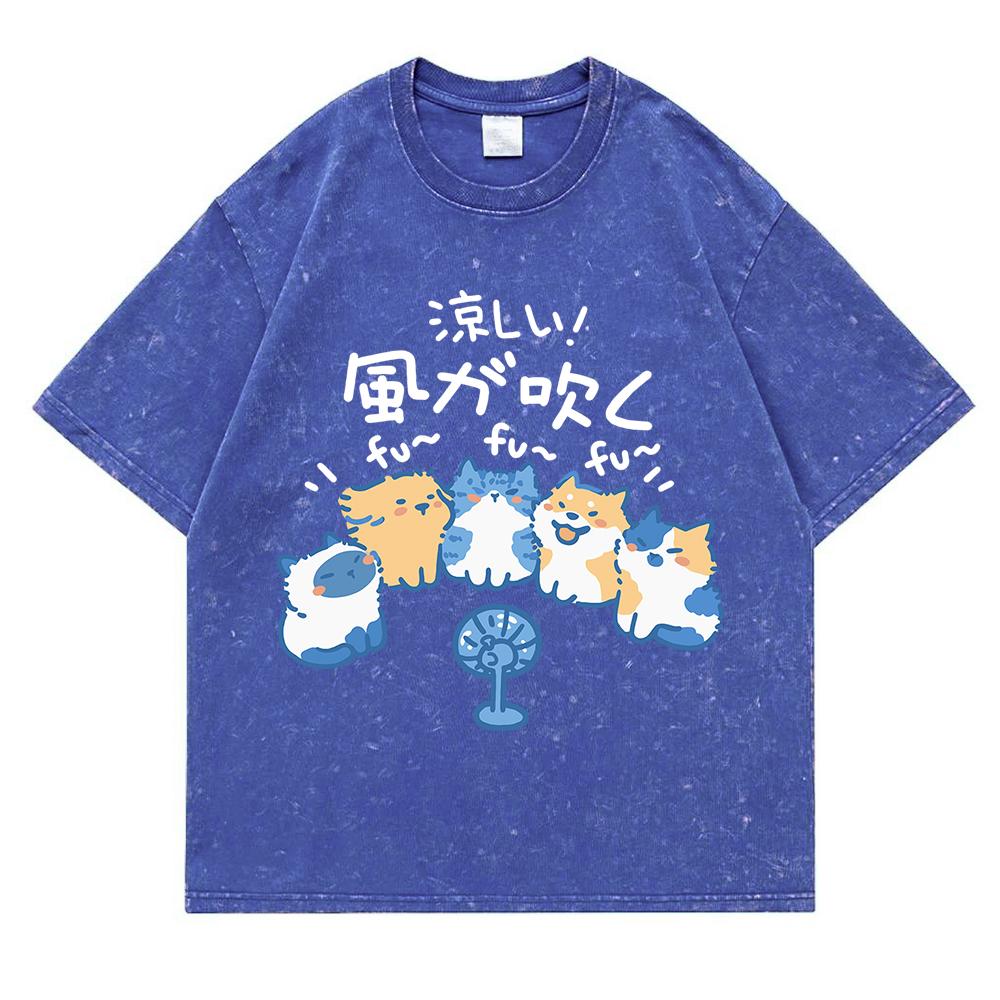 Cute Animals Blowing Fans Washed Retro Snow Clothes Men Loose Oversize T-Shirts Summer Cotton T-Shirt Casual Loose Tops