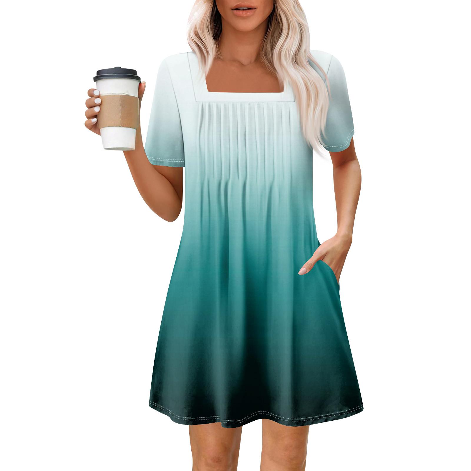 

Женские летние повседневные платья с квадратным вырезом, плиссировкой спереди и карманом, с короткими рукавами и принтом XXXL