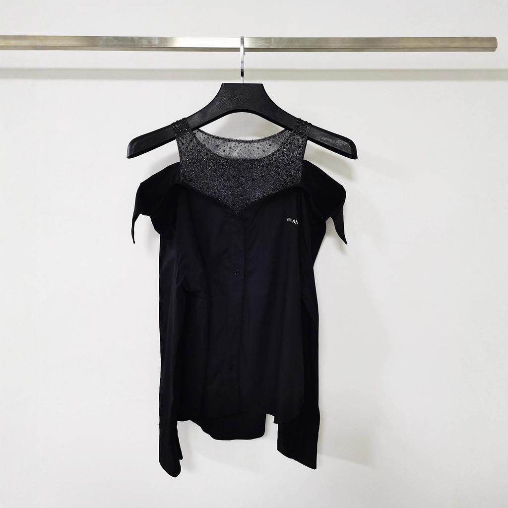 2026 Early Spring New Style Off-Shoulder Letter Crystal Mesh Patchwork Loose Long-Sleeve Women's Top