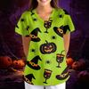 Women's Halloween Print V-Neck Short Sleeve Scrub Top with Pockets, Loose Fit