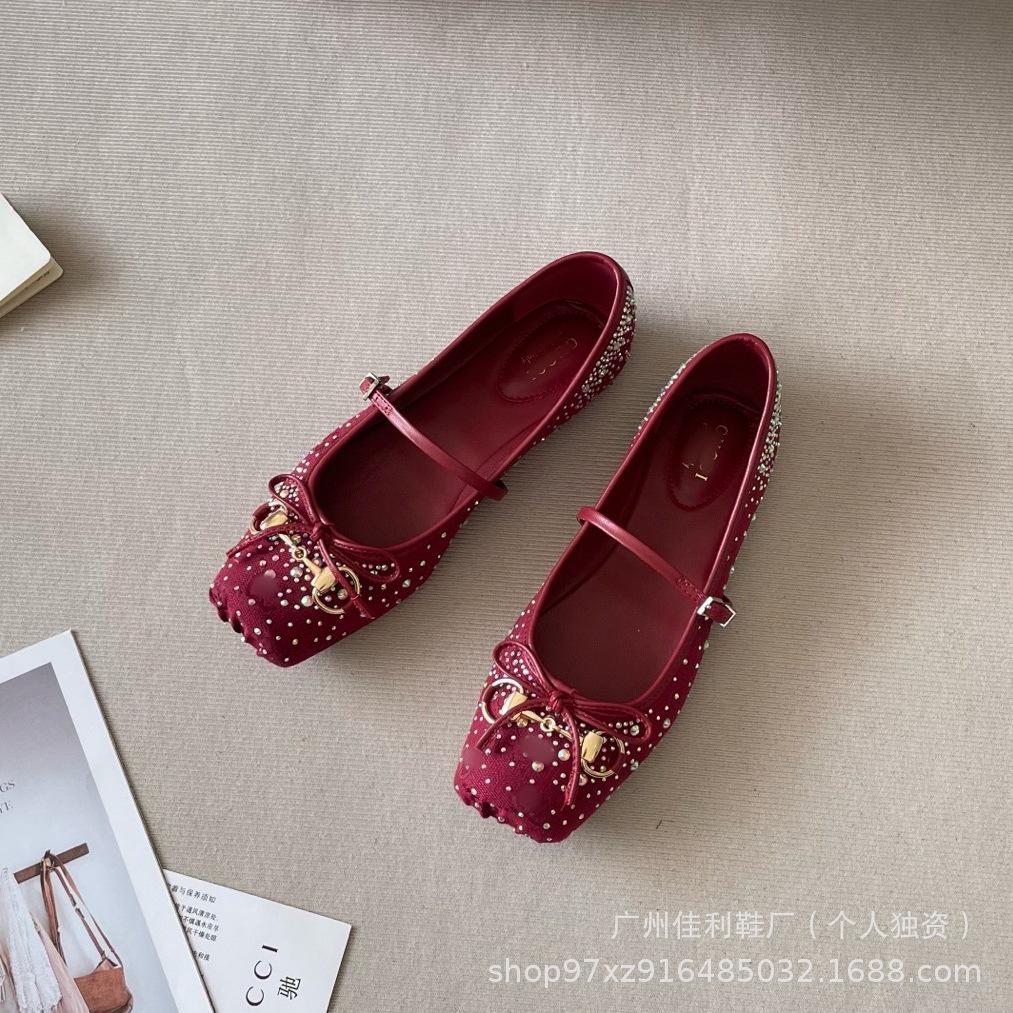 Schuhe quadratische Spitze Strass Pferde-Schnalle Schleife vielseitig flache Sohle Schuhe Buchstabendruck Freizeitschuhe