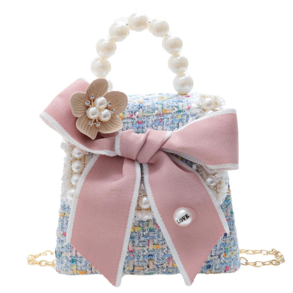 Adorable Pearl Mini Handbag For Kids Fashionable Winter Bow Decorated Coin Purse
