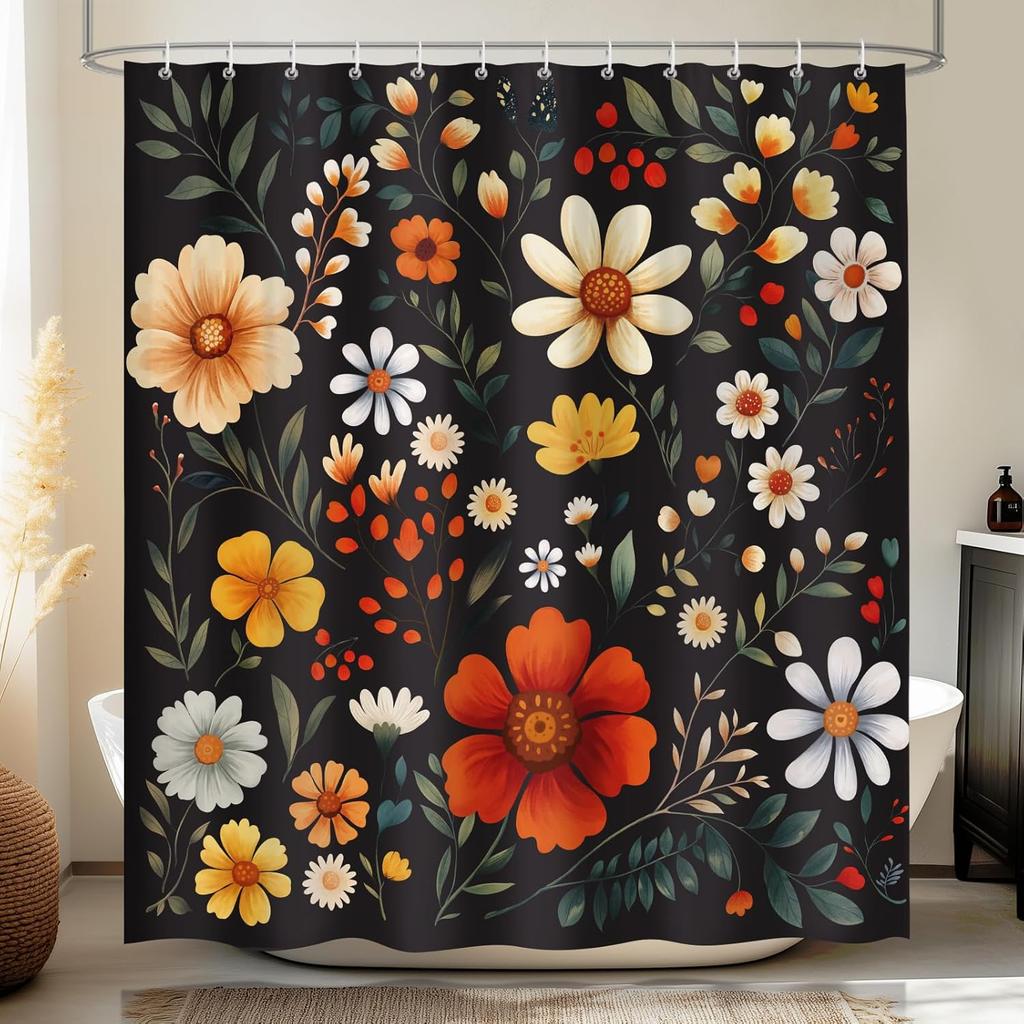 Vintage Black Floral Shower Curtain Retro Shower Curtains for Bathroom Colorful Flower Decor for Bathroom Picture Print Fabric