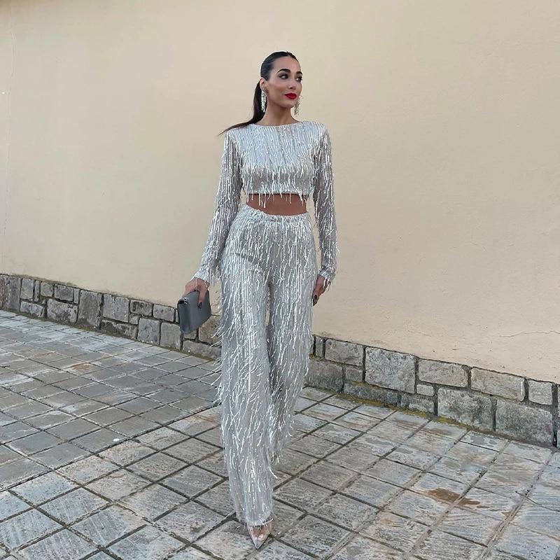 Paiete cu ciucuri Femei Seturi 2 piese Argintiu Mătase strălucitoare Topuri crop cu decolteu Pantaloni largi Pantaloni pentru femei Set de pantaloni pentru femeie Fashion Street Lady Set Legant Party Sexy Outfits