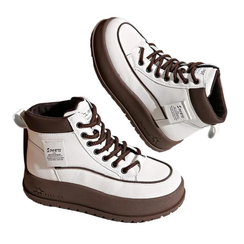 2024 Hot Sale Ladies Shoes Front Lace-up Women's Vulcanize Shoes Fashion Color Matching Winter Plus Velvet High Top Flat Shoes