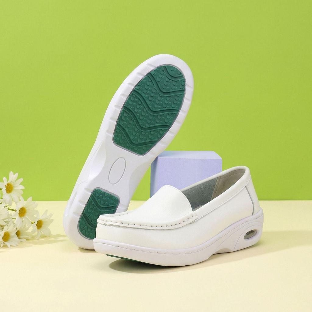 Women's Breathable Non-Slip Nurse Shoes, Wear-Resistant with Soft Thick Sole, White Microfiber Leather Loafers for Comfort.
