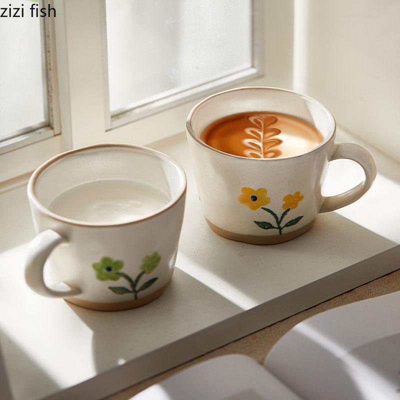 Retro Ceramic Mug Hand Painted Flower Pattern Coffee Mug Household Water Cup Tea Cup Office Milk Tea Cups Beverage Cups