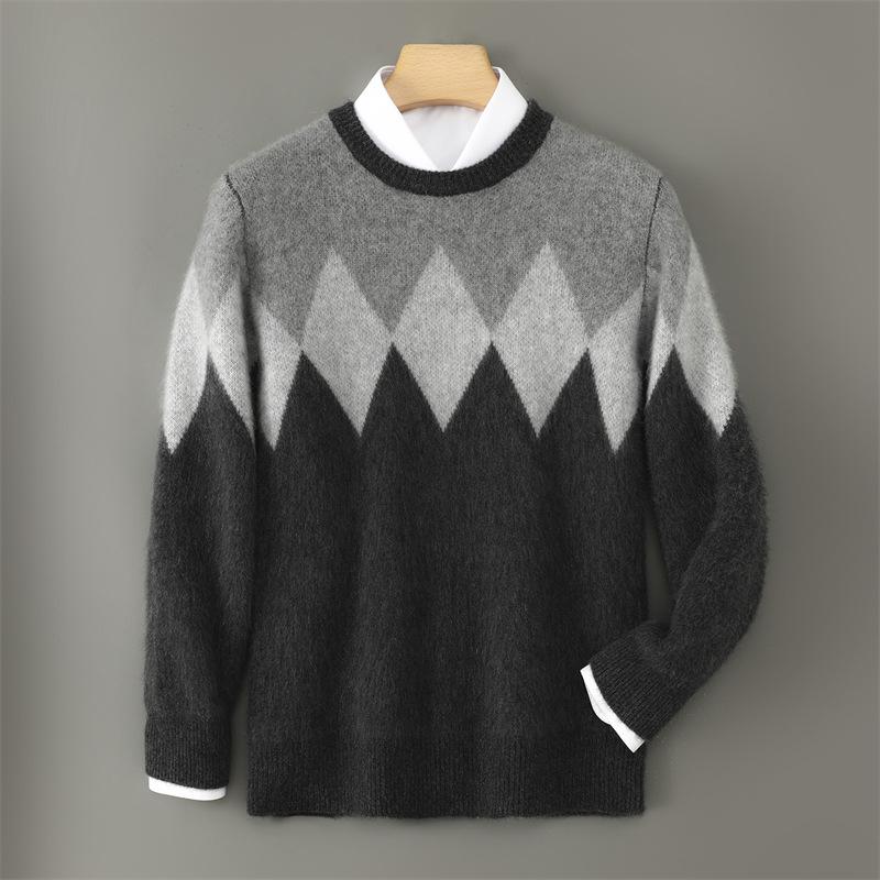 Men's Diamond Pattern Wool Sweater - Color Block Round Neck Pullover for Autumn & Winter.