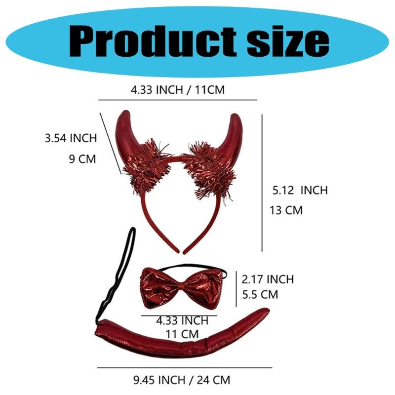 Halloween Devil Horn Headbands With Red Bows Ties Tails 3Pcs Cosplay Costume Party Dressing Up Accessories