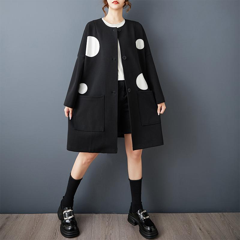 Long Sleeve Oversized Black Cotton Vintage Dot Casual Loose Autumn Spring Trench Coat for Women Outerwear