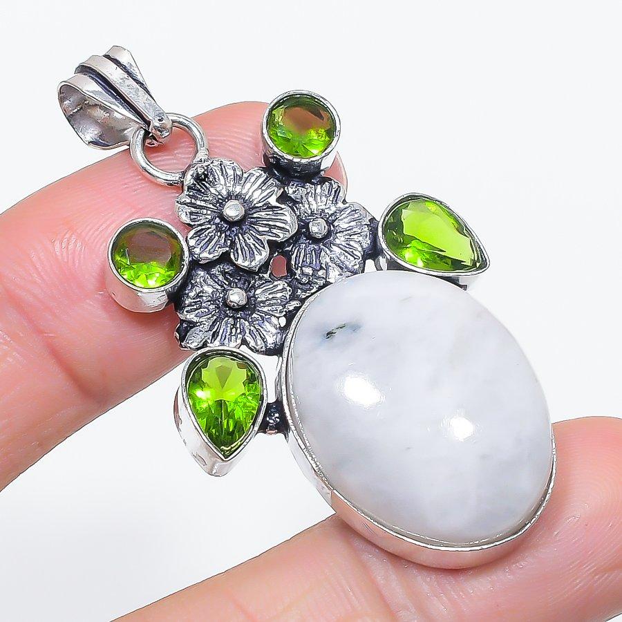 Natural Moonstone, Peridot 925 Sterling Silver Jewelry Pendant 2.13" Y5w69
