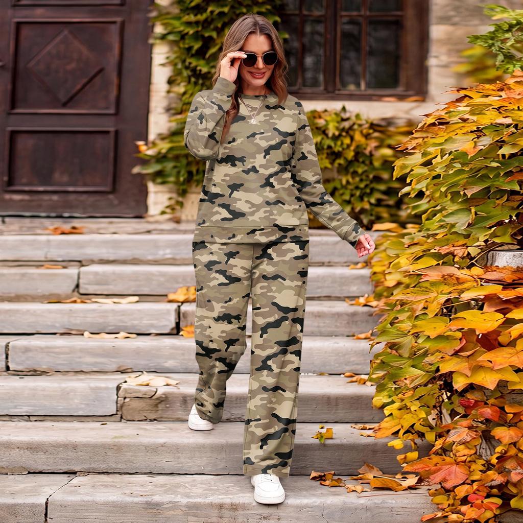 Women's Casual Round Neck Loose Fit Printed Sweatshirt and Pants Set for Everyday Wear