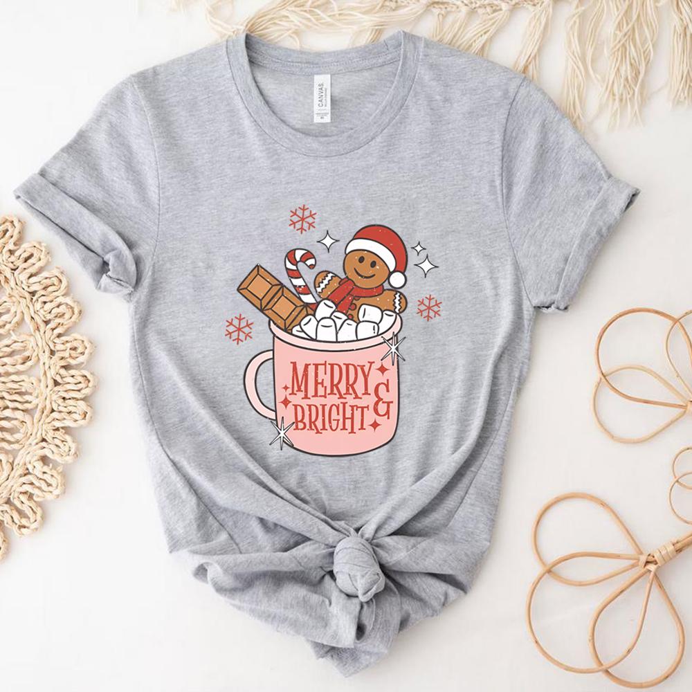 Gingerbread Retro Merry T Shirt Cute Xmas Tshirt Christmas Graphic T Shirts Merry Christmas Tee Womens Holiday Tops