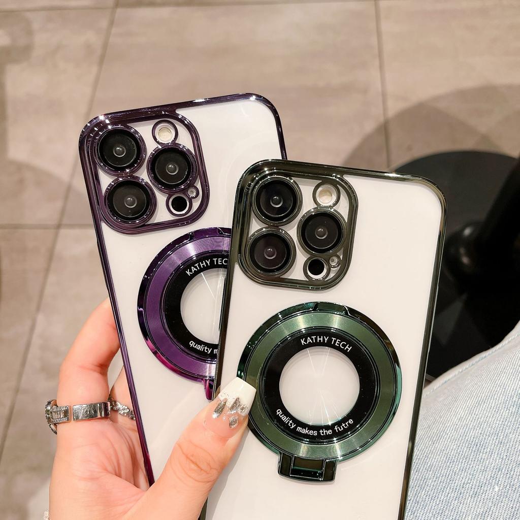 Applicable to iPhone17proMax magnetic suction bracket mobile phone case Apple 16 electroplating transparent 15 all-inclusive protective case 14