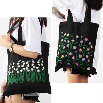1Set Kit de Broderie Point de Croix DIY Point de Piquage Fleurs Toile Noire Réutilisable Sac de Courses pour Femme Matériaux de Couture Artisanat