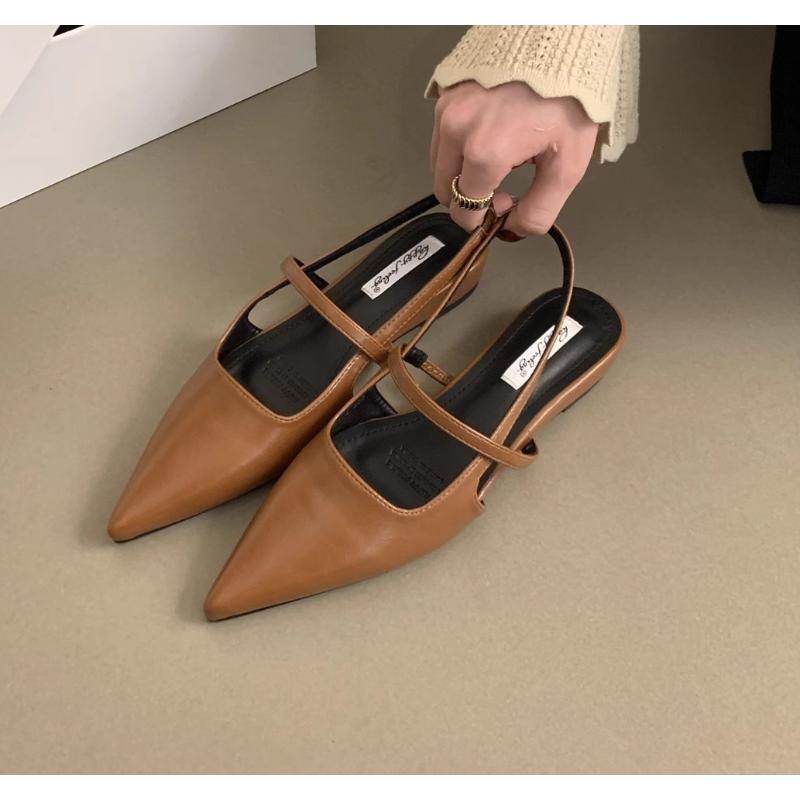 Women Leather Pu Casual Sandals Girl Fashion Mary Jane Shoes Slip On Flats Heels Ladies Pointed Toe Elegant Slingback Sandals