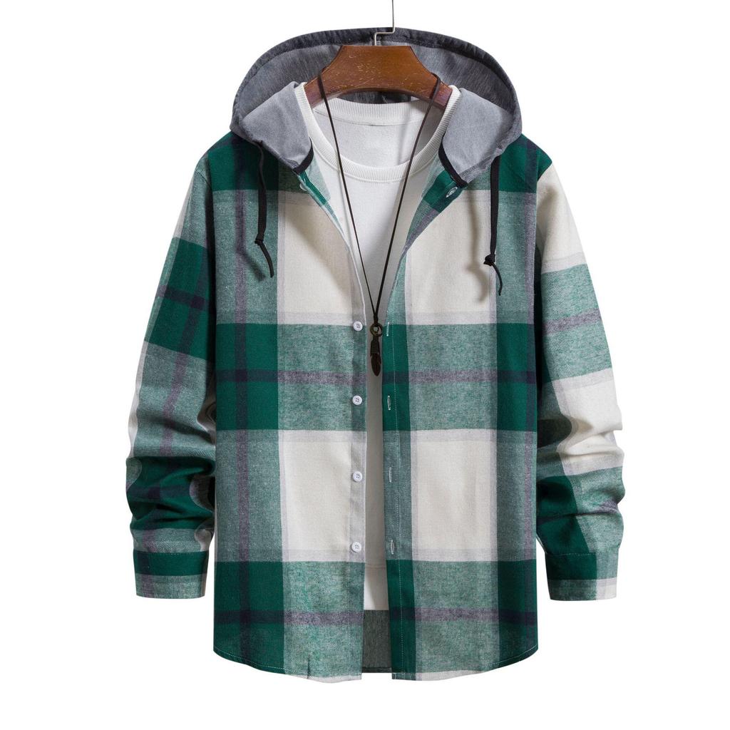 Korean Style Plaid Hooded Long Sleeve Men's Casual Shirt - 2024 Spring/Autumn Trend