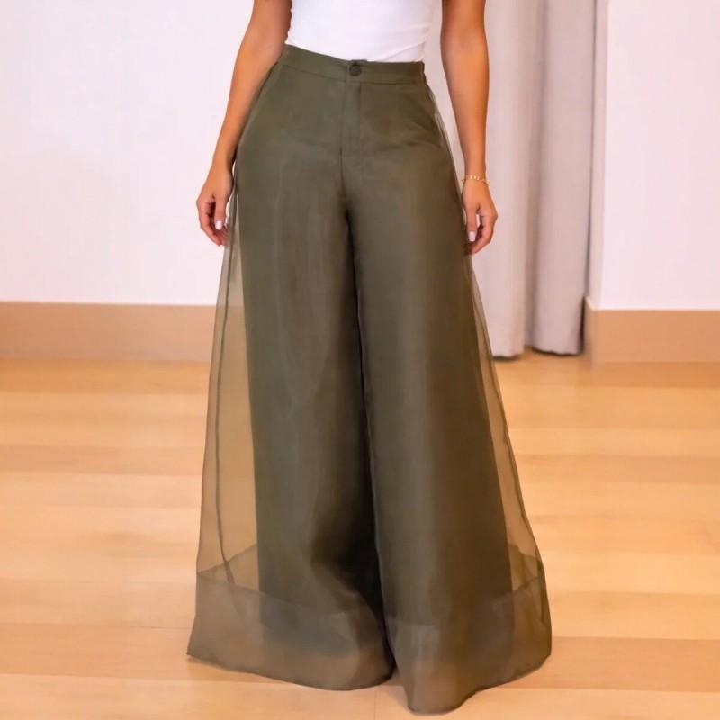 2026 Womens High Waist Mesh Sheer Wide Leg Pants Long Loose Casual Trousers