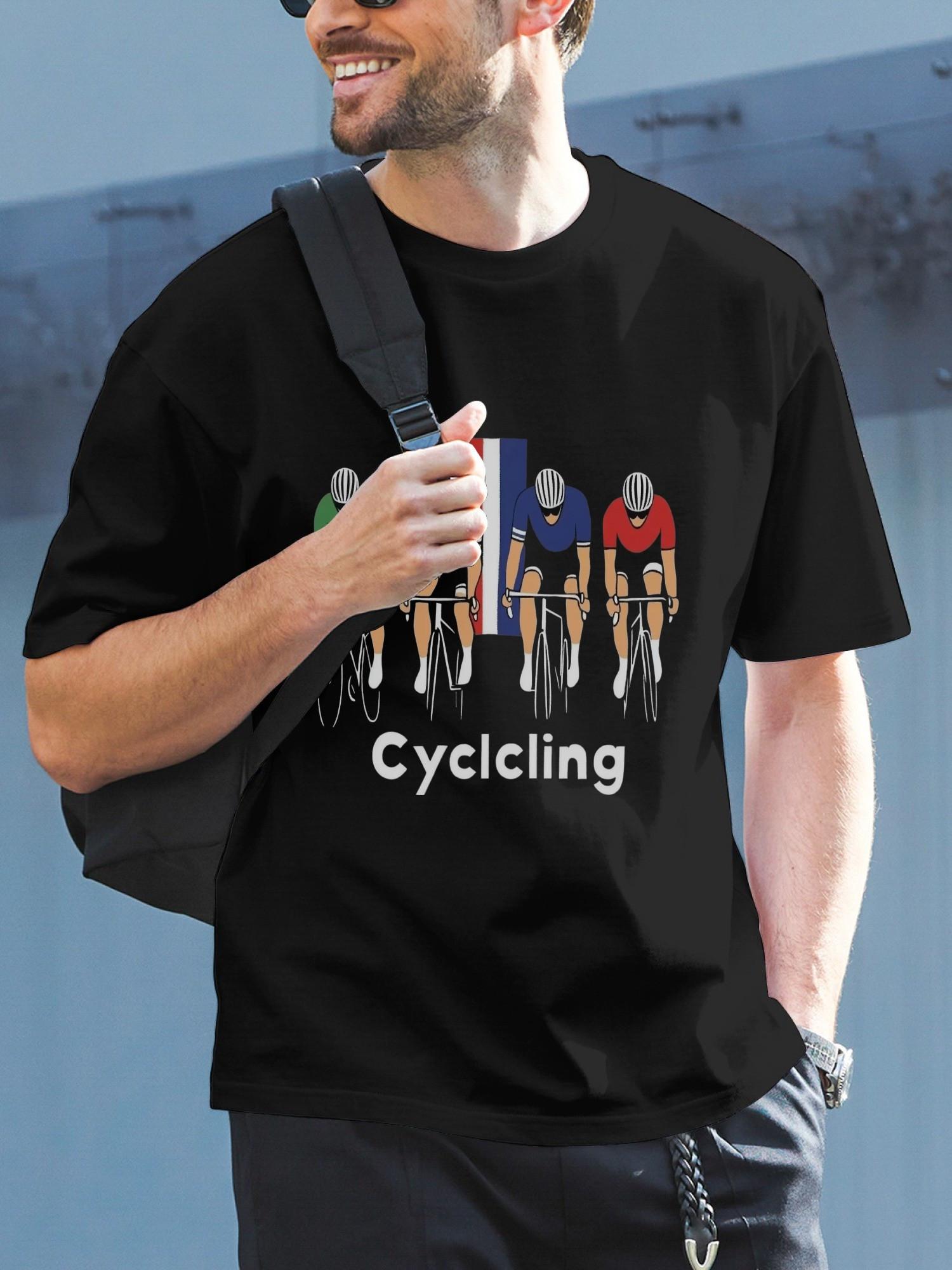 Cycling Graphic T-shirt - 180g Cotton Crew Neck Short Sleeve with Minimalist Cyclist & Geometric Print XL