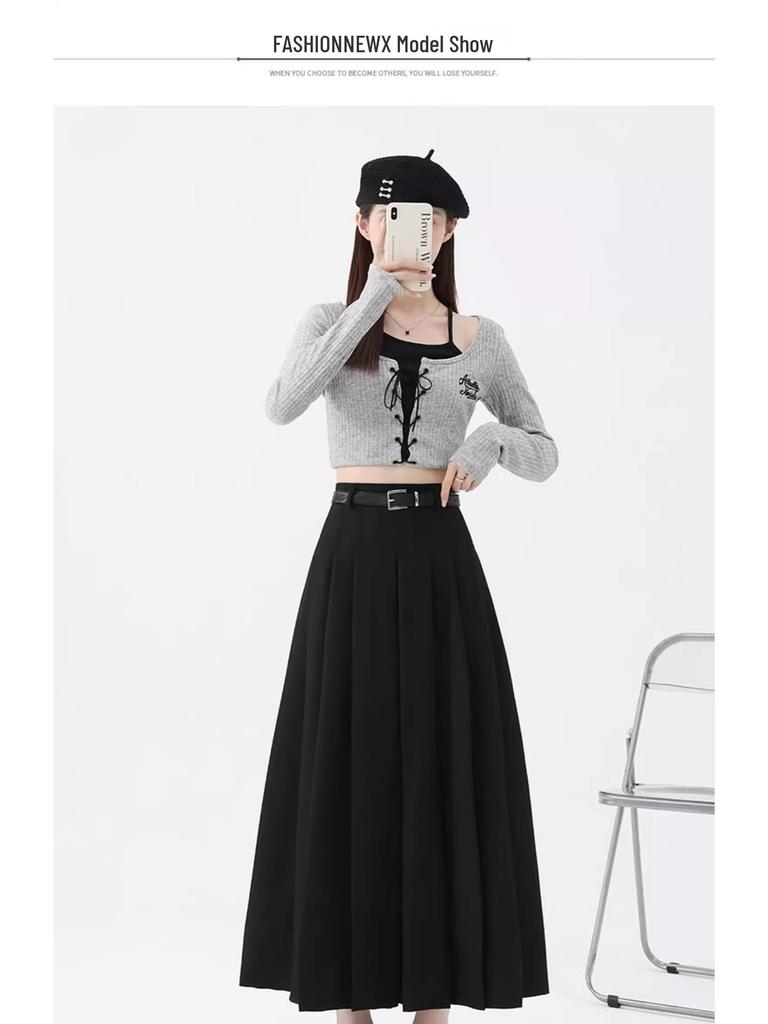 Women's High Waist Gray A-Line Pleated Mid-Length Skirt - Spring, Summer, Autumn 2025