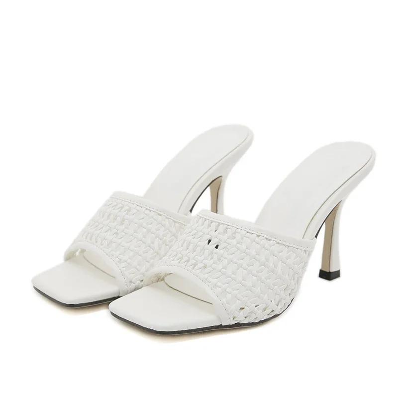 Fashion Handmade Woven High Heel Slipper Women Fashion Square Toe Open Toe Slide Sandal Comfort Casual Brand Designer Shoe Zapatos Mujer