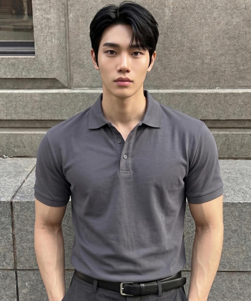 HERVINO Basic Cool Cotton Collared Short Sleeve Tee [Charcoal Blue] (Type B)