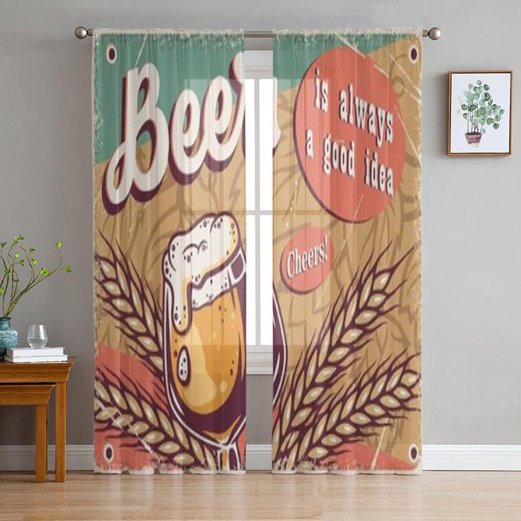Retro Poster Craft Lager Beer Mug With Foam Chiffon Sheer Curtains for Living Room Bedroom Window Curtain Voiles Tulle Cortinas