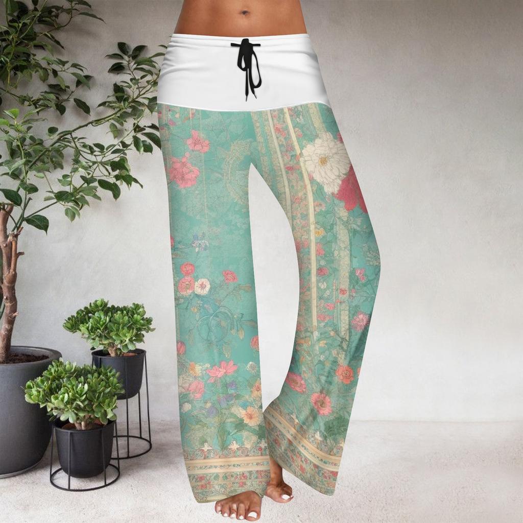 Women's Drawstring Elastic Waistband Wide Leg Color Matching Floral Printed Casual Pants