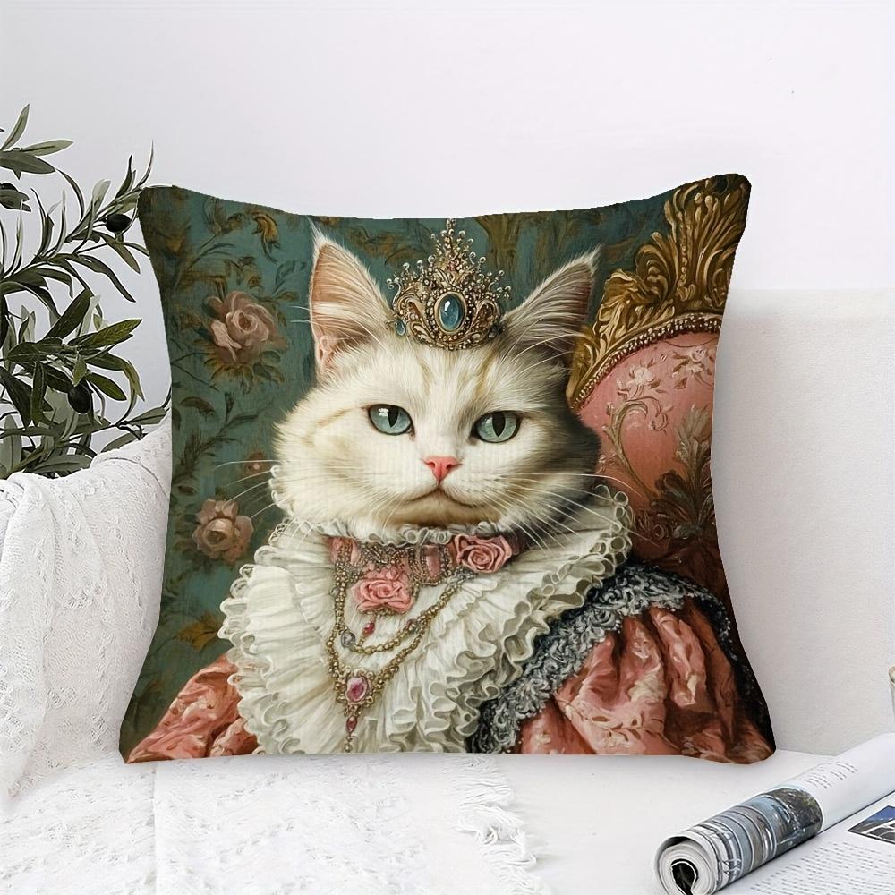 Panika Chen Unisex 1Pc Glam Living Room Royal Cat Pillow Cover, Polyester 2D Double-Sided Print, Victorian Cat With Crown Cushion, Cat Enthusiast G
