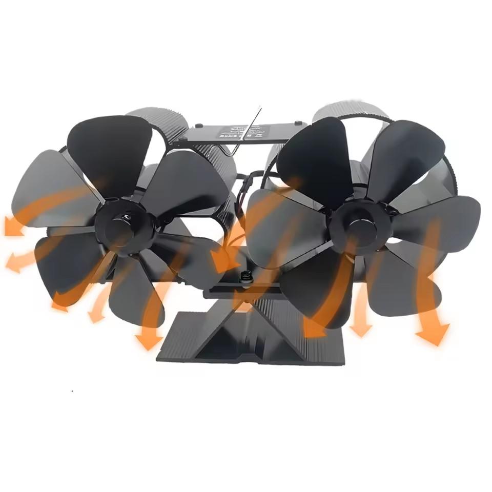 

Вентилятор для дров яної печі з живленням від тепла, подвійні безшумні двигуни, 6 лопатей, неелектричний, активований теплом вентилятор для каміна з кронштейном і магнітним термоелементом fireplace fan чорний