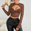 Sexy Lace Hollow Out Long Sleeve Fitted Top With Flower Pattern A1299
