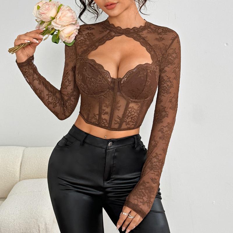 Sexy Lace Hollow Out Long Sleeve Fitted Top With Flower Pattern A1299