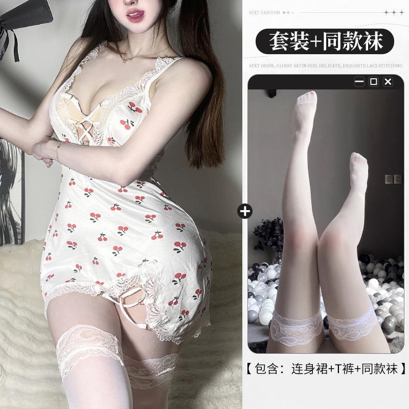 Cream cherry sauce sexy lingerie women's sweet lace nightdress sexy straps hollow sling nightdress